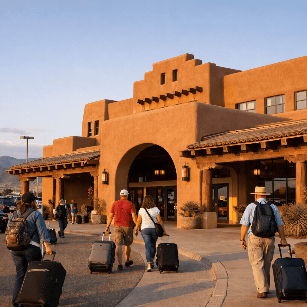 Albuquerque International Sunport terminal exterior with travelers and luggage at ABQ