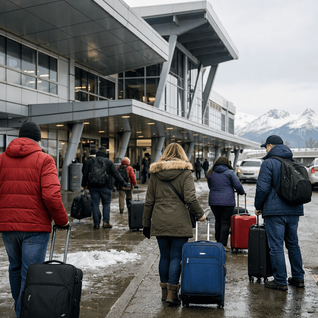Ted Stevens Anchorage International Airport terminal exterior with travelers and luggage at ANC
