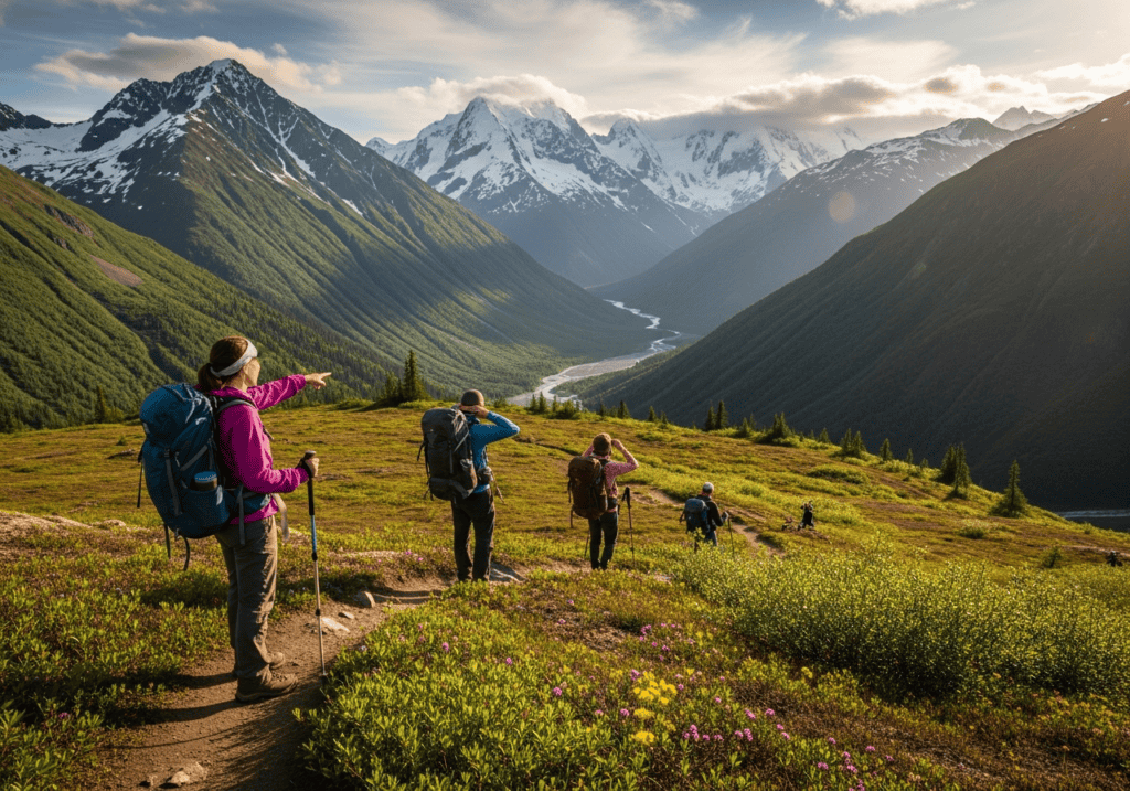 Anchorage Alaska hiking scene with mountains and wilderness landscape