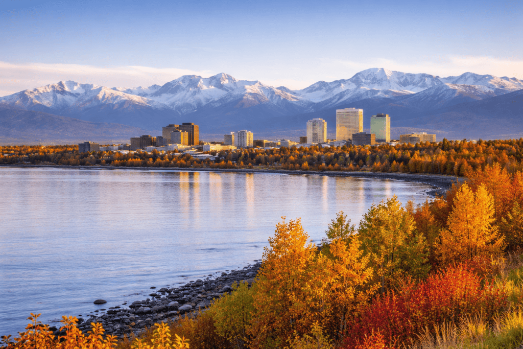 Anchorage Alaska mountains and coastal wilderness with fall colors