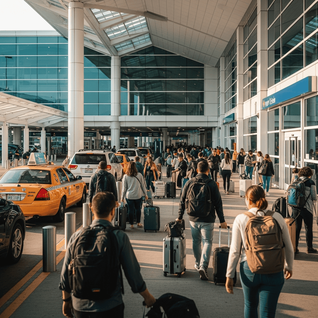 Hartsfield Jackson Atlanta International Airport terminal exterior with travelers and luggage at ATL