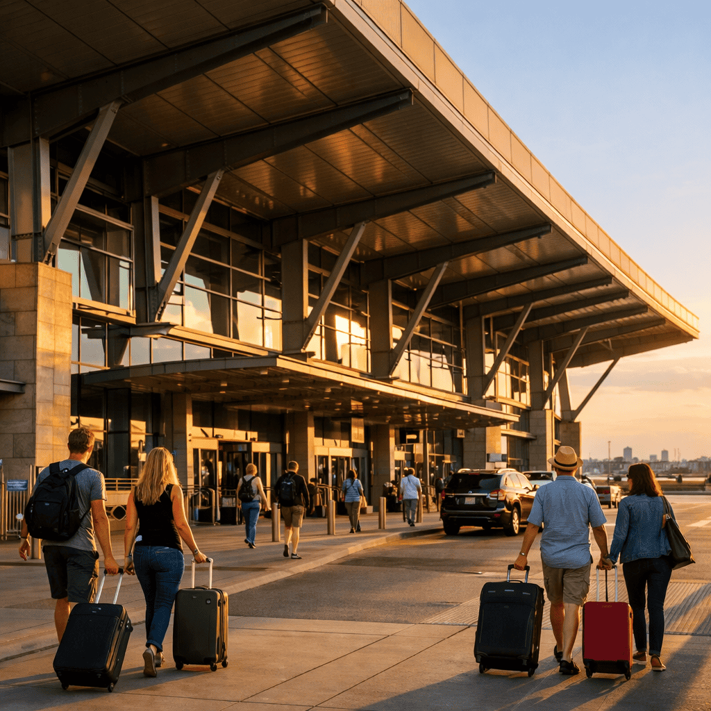 Austin Bergstrom International Airport terminal exterior with travelers and luggage at AUS