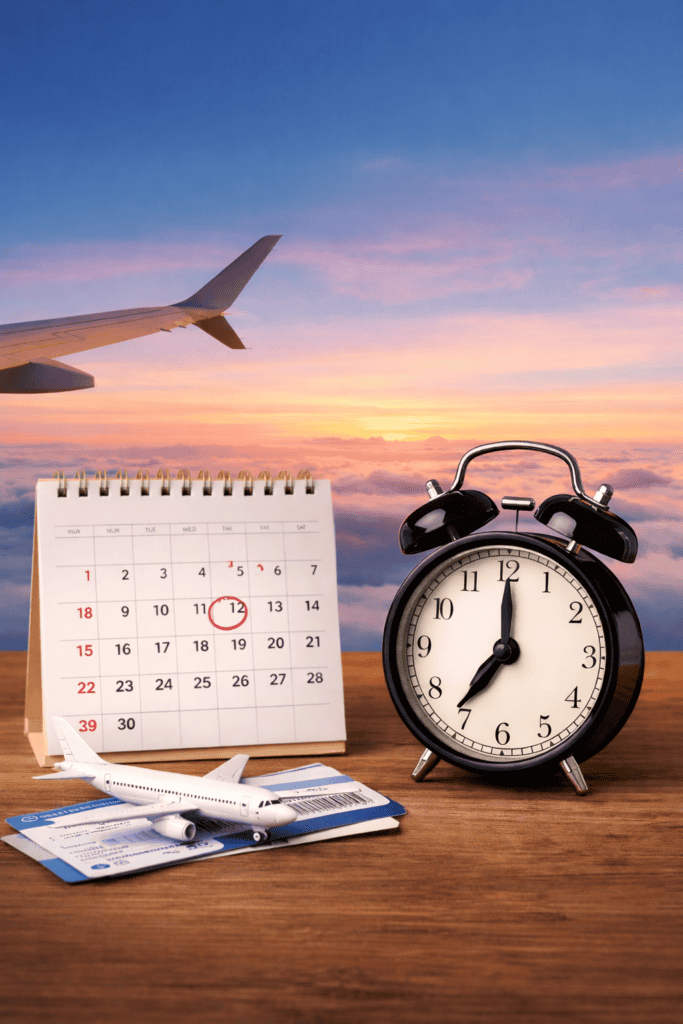 Calendar, alarm clock, and airplane ticket representing booking flights early for better airfare prices
