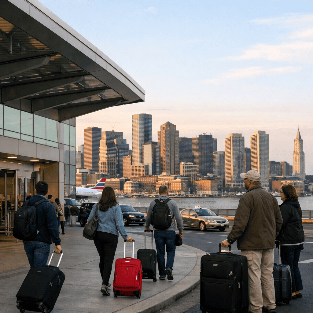 Boston Logan International Airport terminal exterior with travelers and luggage at BOS