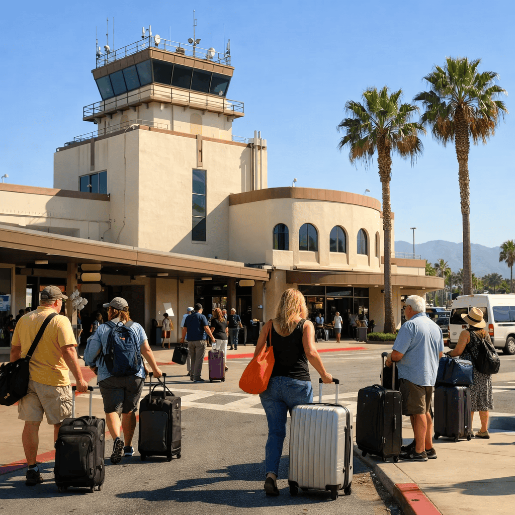 Hollywood Burbank Airport terminal exterior with travelers and luggage at BUR