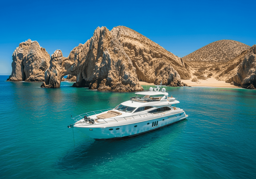 Cabo San Lucas yacht near El Arco rock formation with ocean views