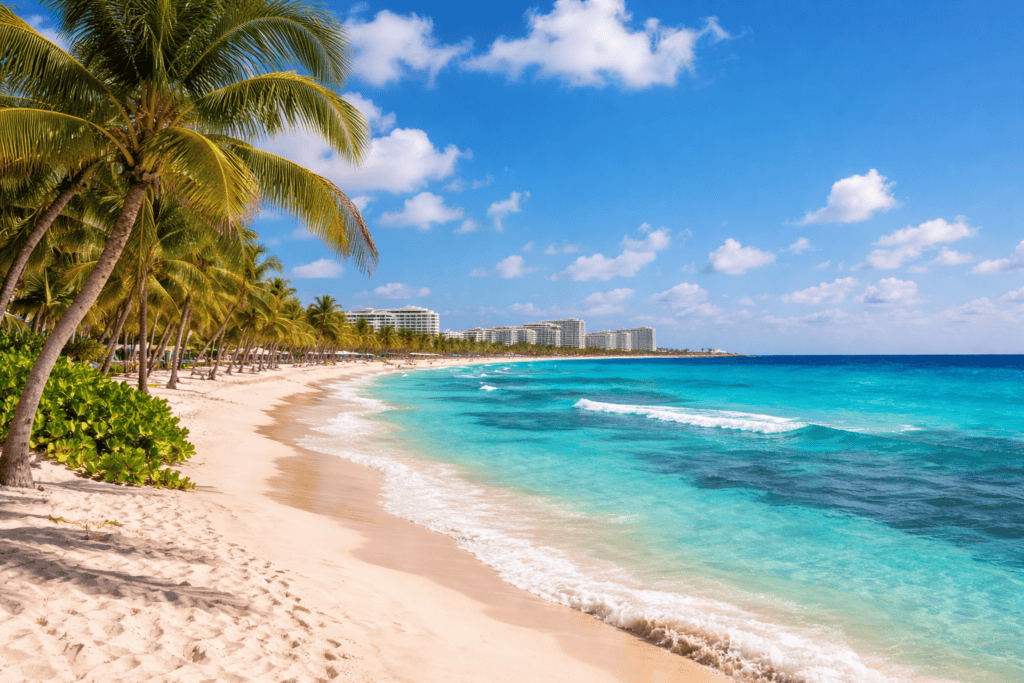 Cancun Mexico turquoise beach with white sand and palm trees