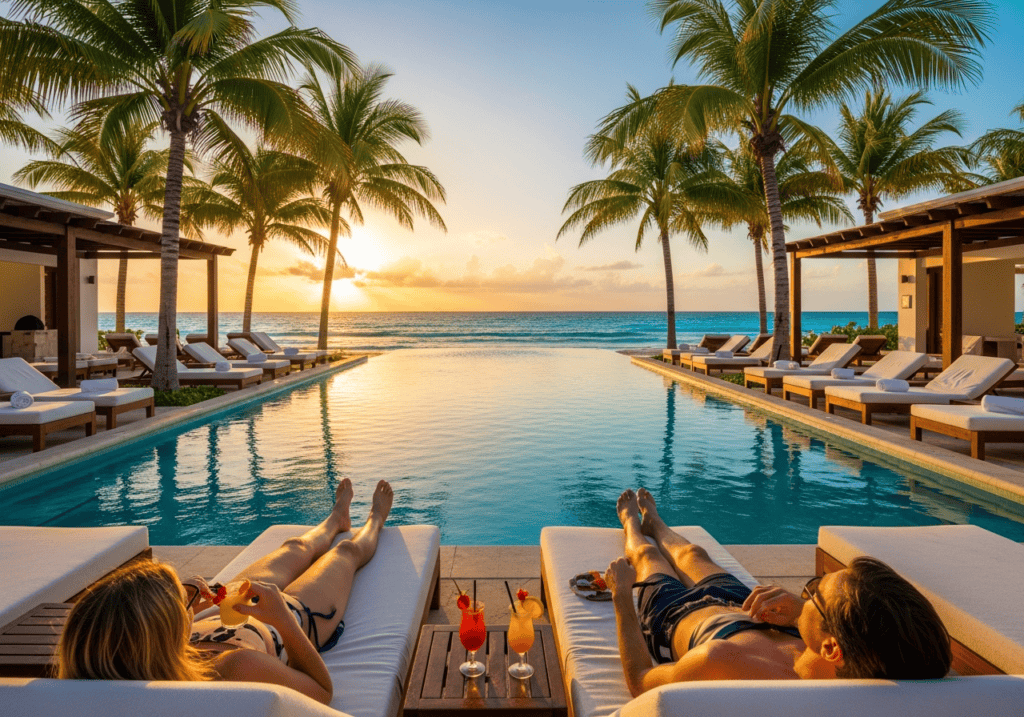 Cancun luxury beach resort with infinity pool overlooking turquoise ocean