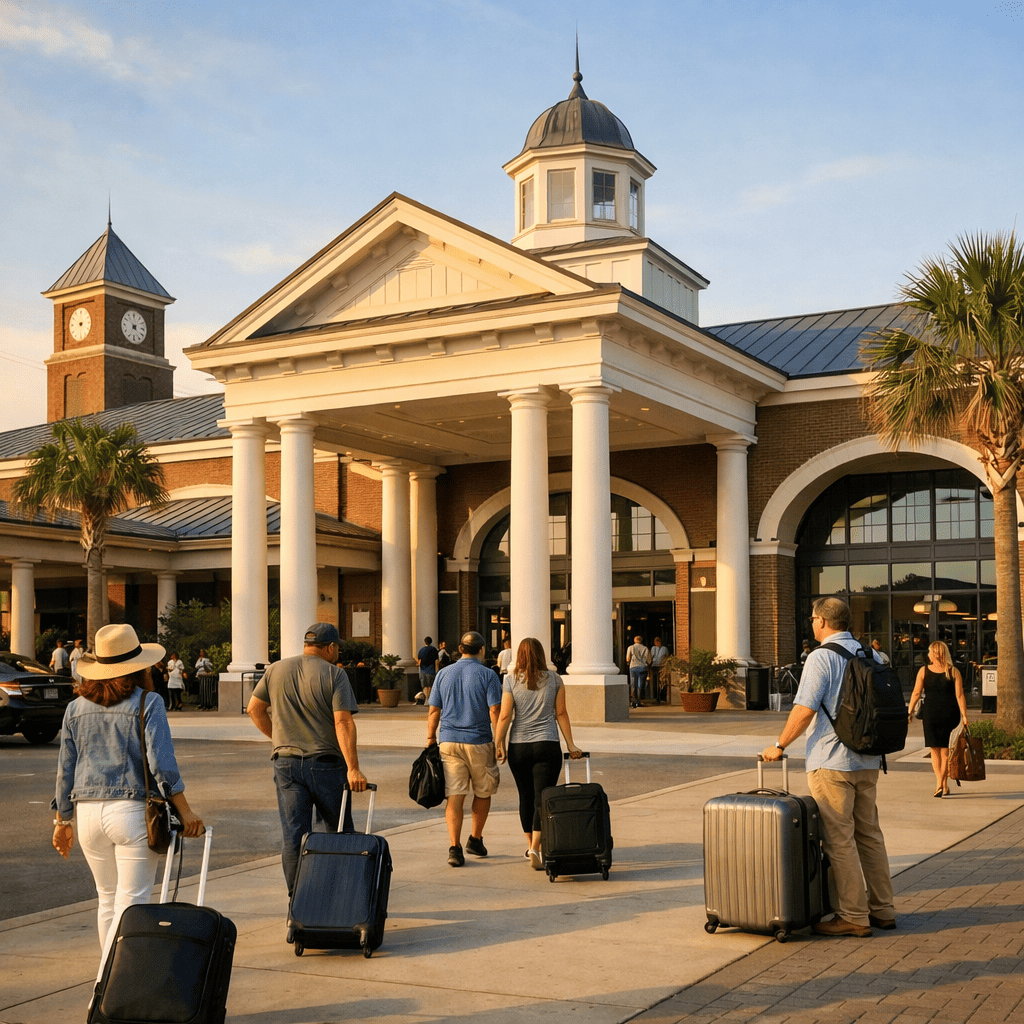 Charleston International Airport terminal exterior with travelers and luggage at CHS