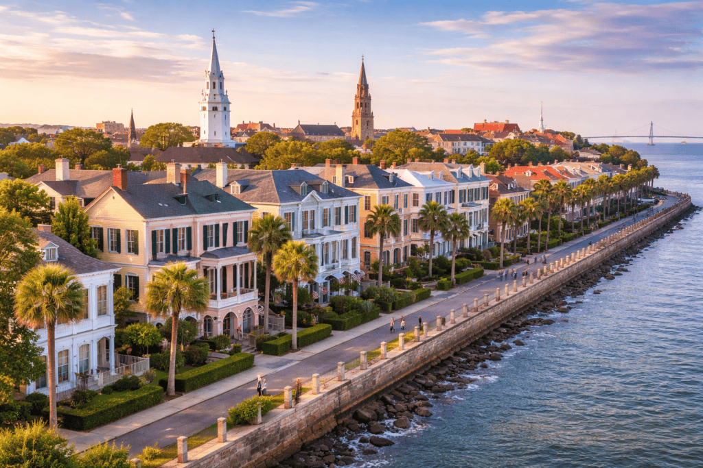 Charleston marshland with oak trees and coastal wetlands