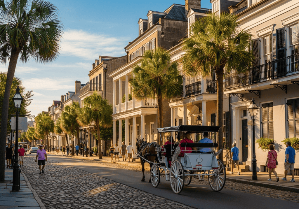 Charleston historic street with horse carriage pastel homes and palm trees