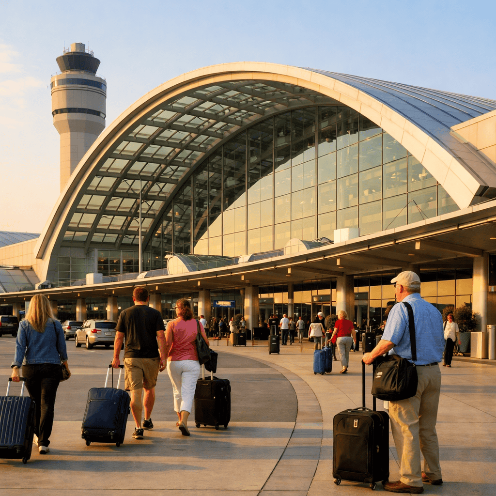 Charlotte Douglas International Airport terminal exterior with travelers and luggage at CLT