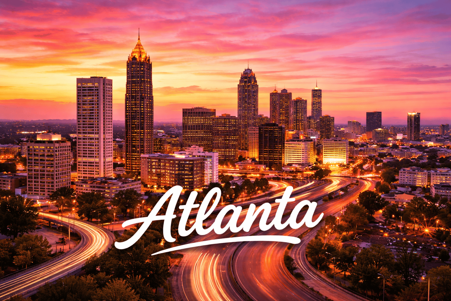 Atlanta Georgia skyline at sunset with downtown skyscrapers and highway lights representing cheap flights to Atlanta