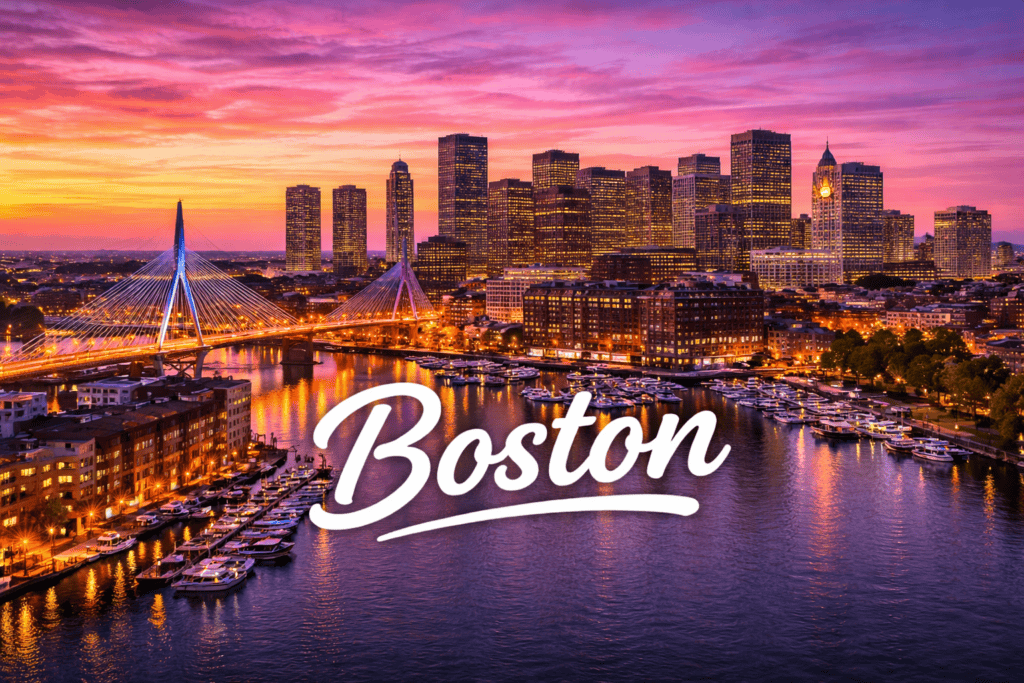 Boston Massachusetts skyline at sunset with harbor marina and Zakim Bridge