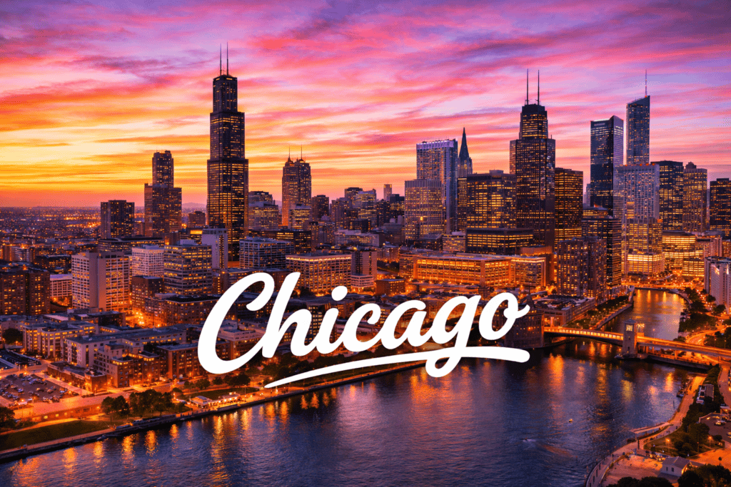 Chicago Illinois skyline at sunset with Chicago River and illuminated skyscrapers