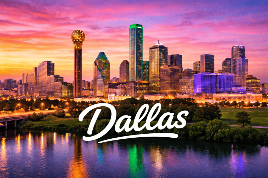 Dallas Texas skyline at sunset with Reunion Tower and downtown skyscrapers