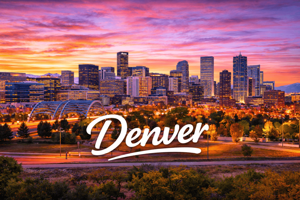 Denver Colorado skyline at sunset with Rocky Mountains in the background