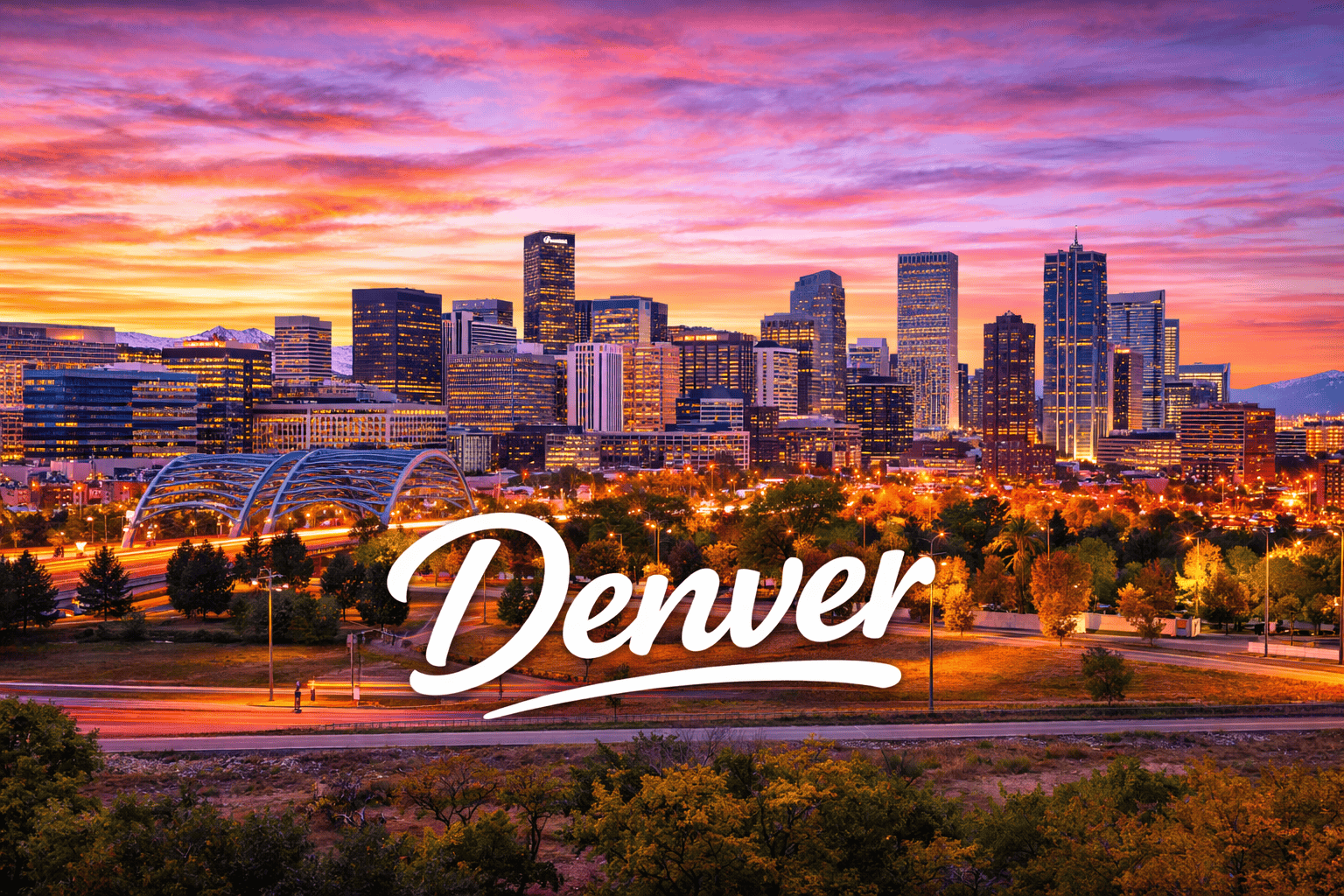 Denver Colorado skyline at sunset with Rocky Mountains in the background