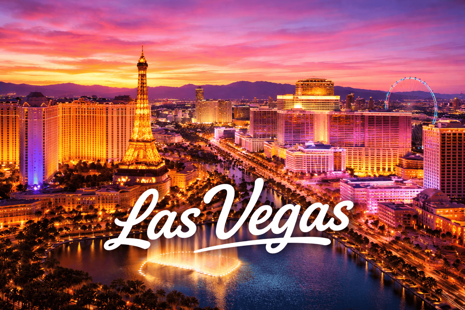 Las Vegas Strip skyline at sunset with Bellagio fountains and casino lights travel destination