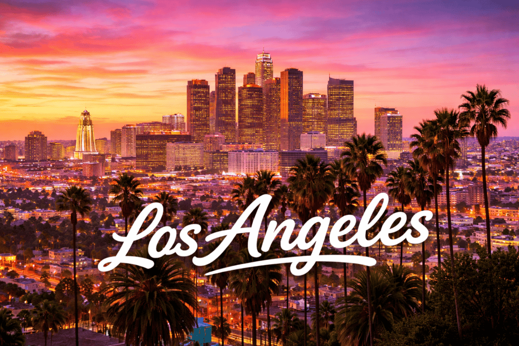 Los Angeles California skyline at sunset with palm trees and downtown city lights