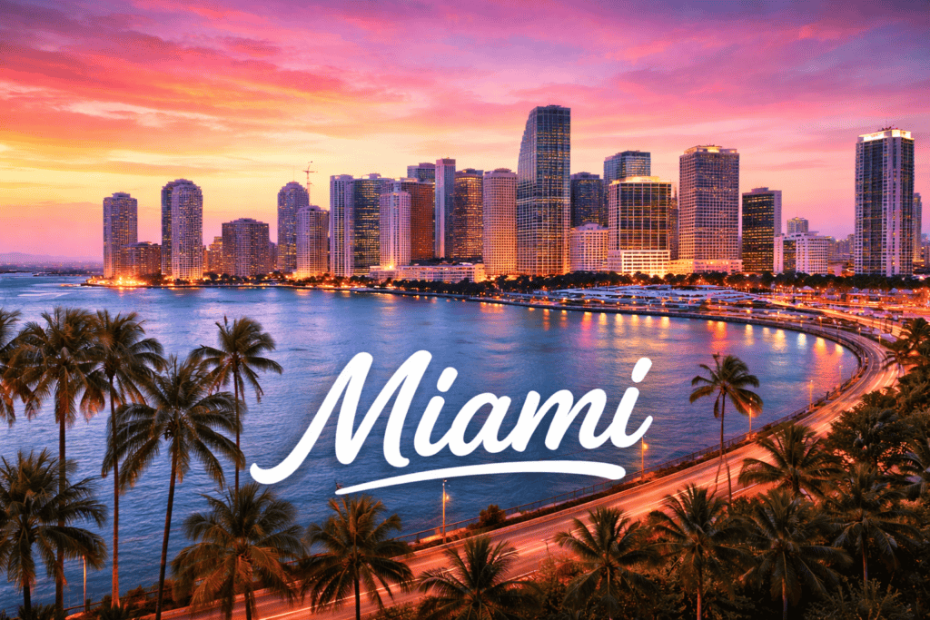 Miami Florida skyline at sunset overlooking Biscayne Bay and palm trees travel destination