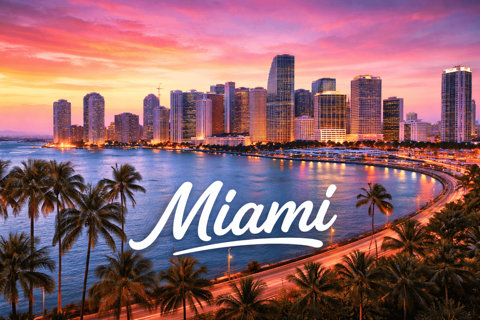 Miami Florida skyline at sunset overlooking Biscayne Bay and palm trees travel destination