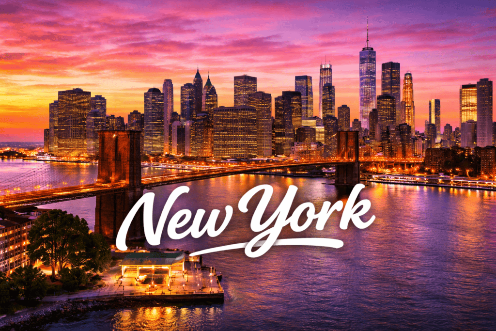New York City skyline at sunset with Brooklyn Bridge and Manhattan skyscrapers