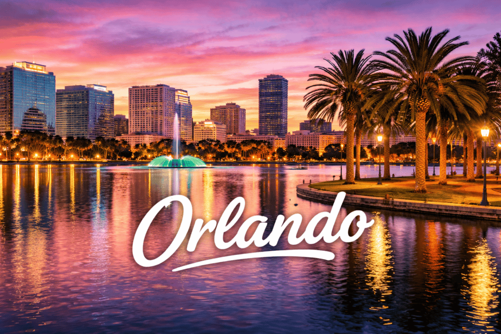 Orlando Florida skyline at sunset with Lake Eola fountain and palm trees travel destination