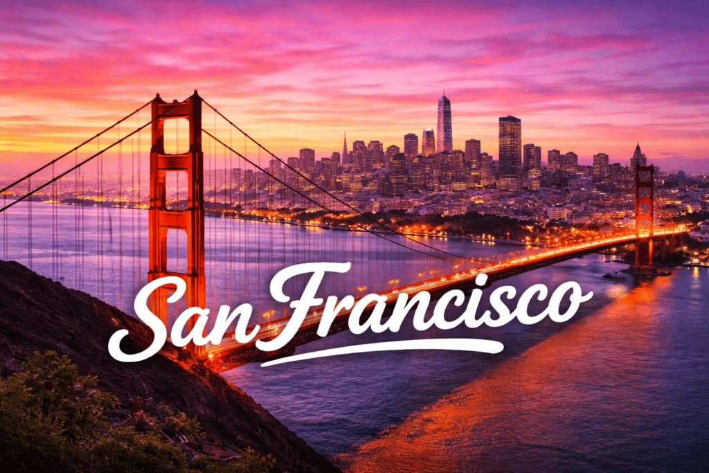 San Francisco skyline and Golden Gate Bridge at sunset travel destination