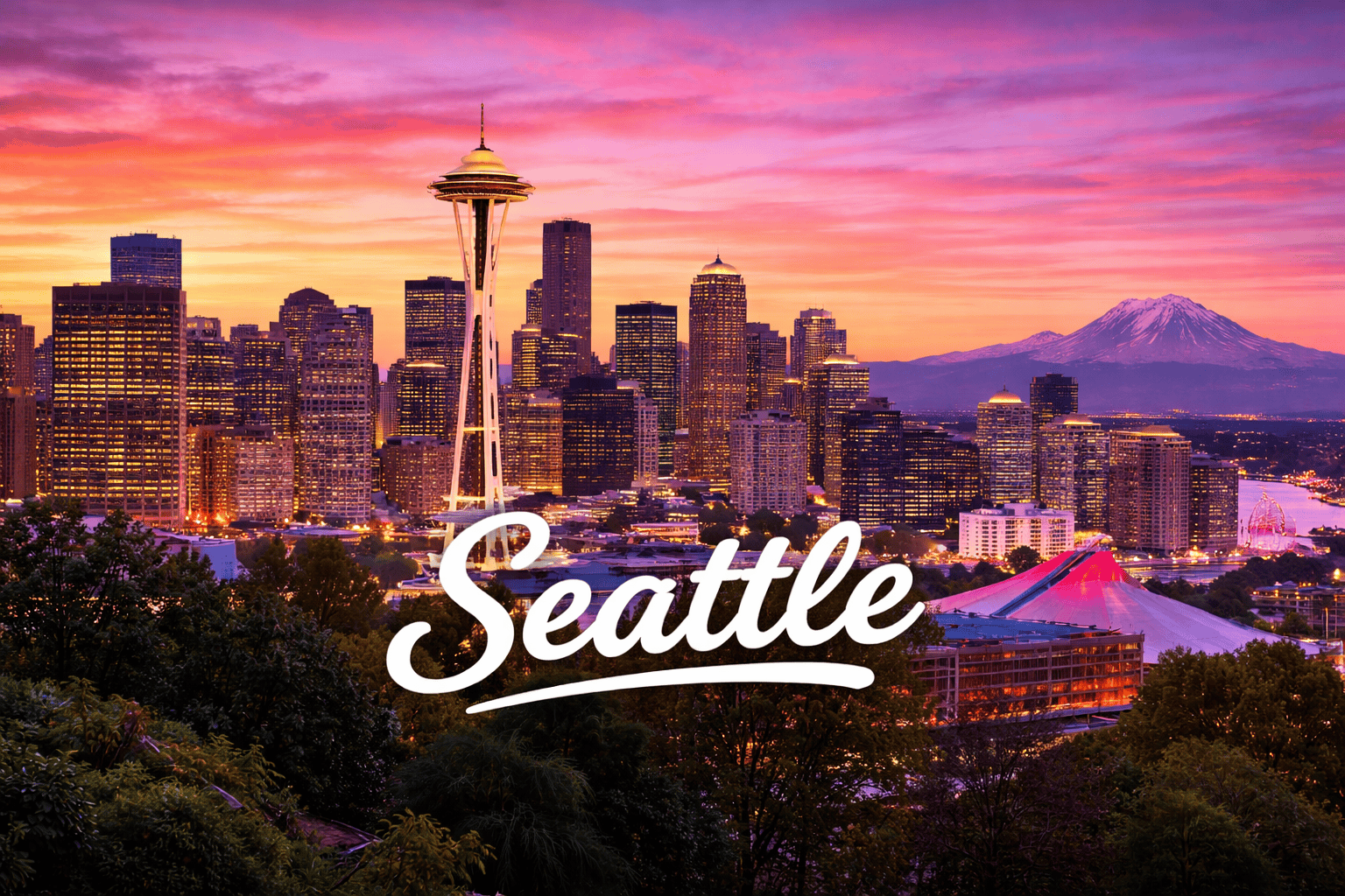 Seattle Washington skyline at sunset featuring the Space Needle and Mount Rainier