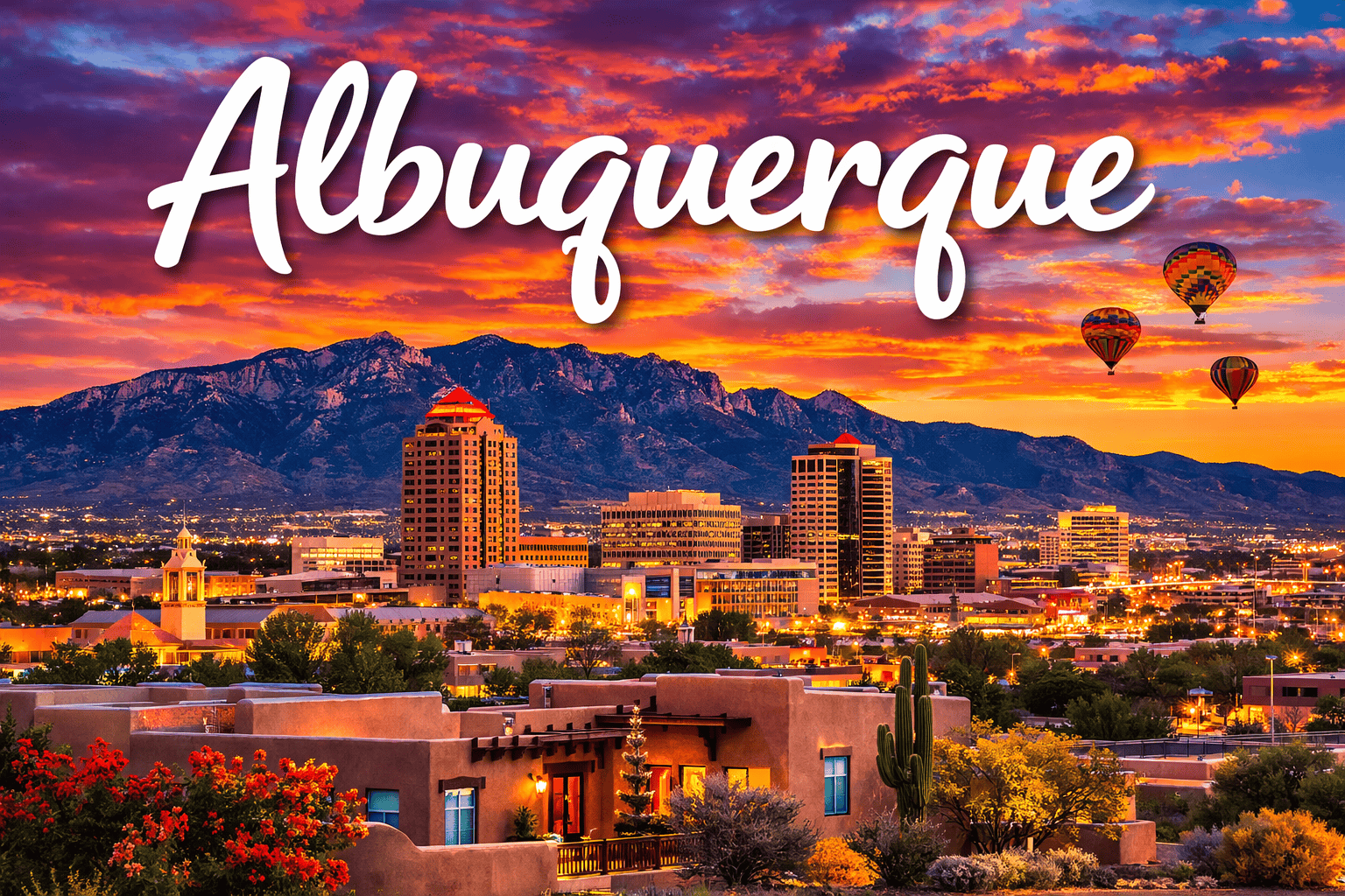 Albuquerque New Mexico skyline with Sandia Mountains and hot air balloons at sunset destination banner for cheap flights to Albuquerque