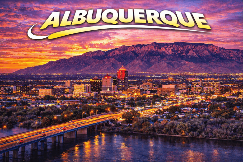 Albuquerque skyline at sunset with mountains and golden sky for cheap flights travel page