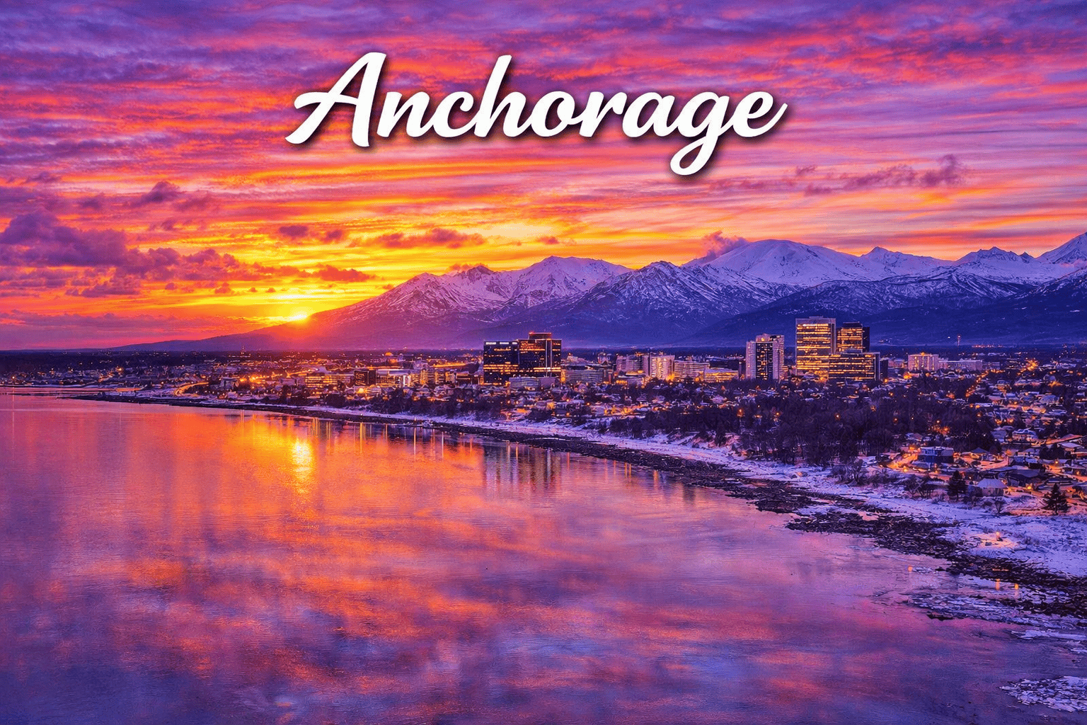 Anchorage Alaska skyline with snow covered mountains and sunset reflections