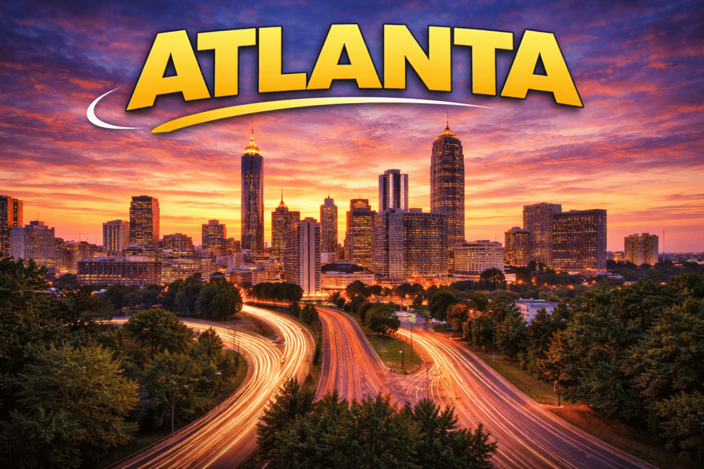 Skyline of Atlanta at sunset with golden sky and city lights for cheap flights travel page