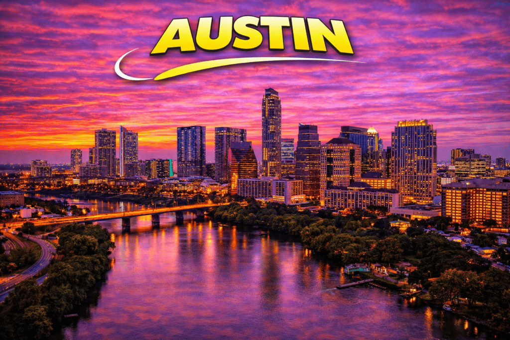 Skyline of Austin at sunset with golden sky and city lights for cheap flights travel page