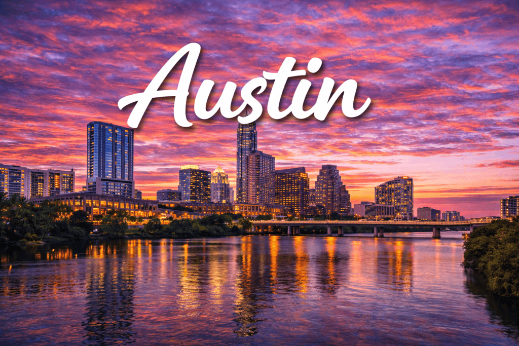 Austin Texas skyline at sunset destination banner for cheap flights to Austin