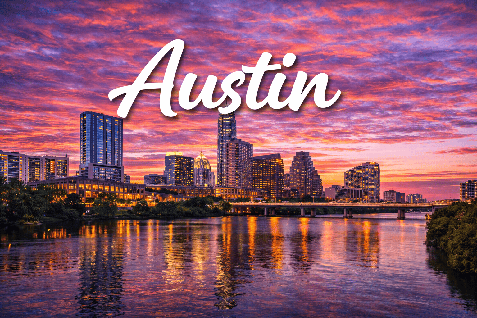 Austin Texas skyline at sunset destination banner for cheap flights to Austin