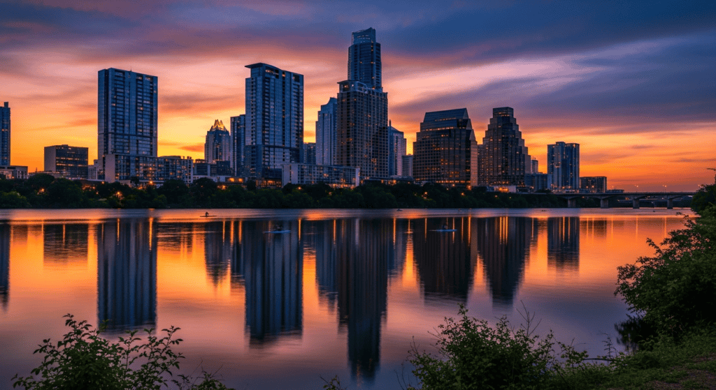 Austin skyline along Lady Bird Lake travel photo for cheap flights guide