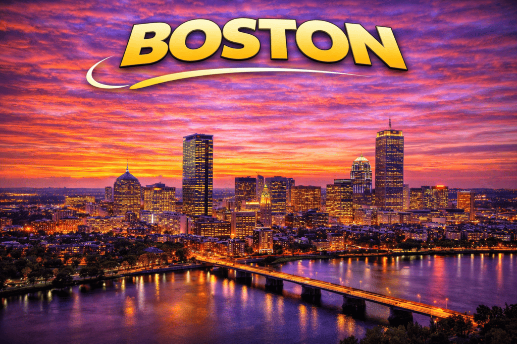 Skyline of Boston at sunset with golden sky and harbor views for cheap flights travel page