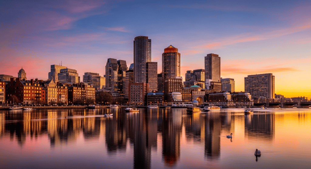 Boston skyline along the Charles River travel photo for cheap flights guide
