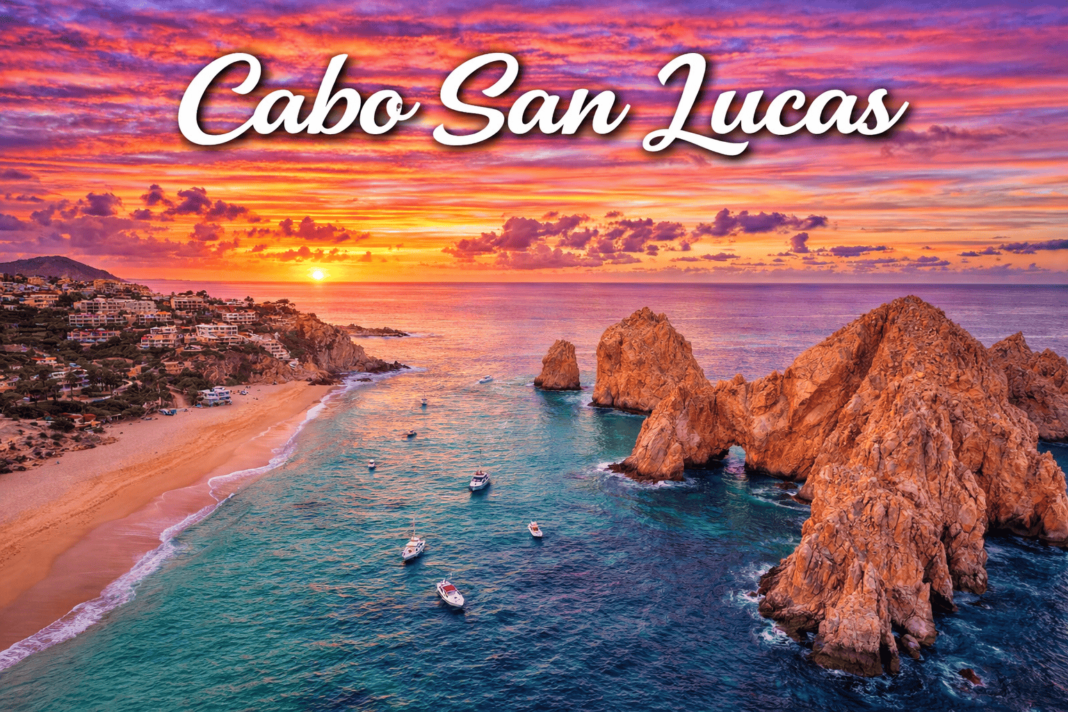 Cabo San Lucas Mexico El Arco rock formation at sunset over the ocean