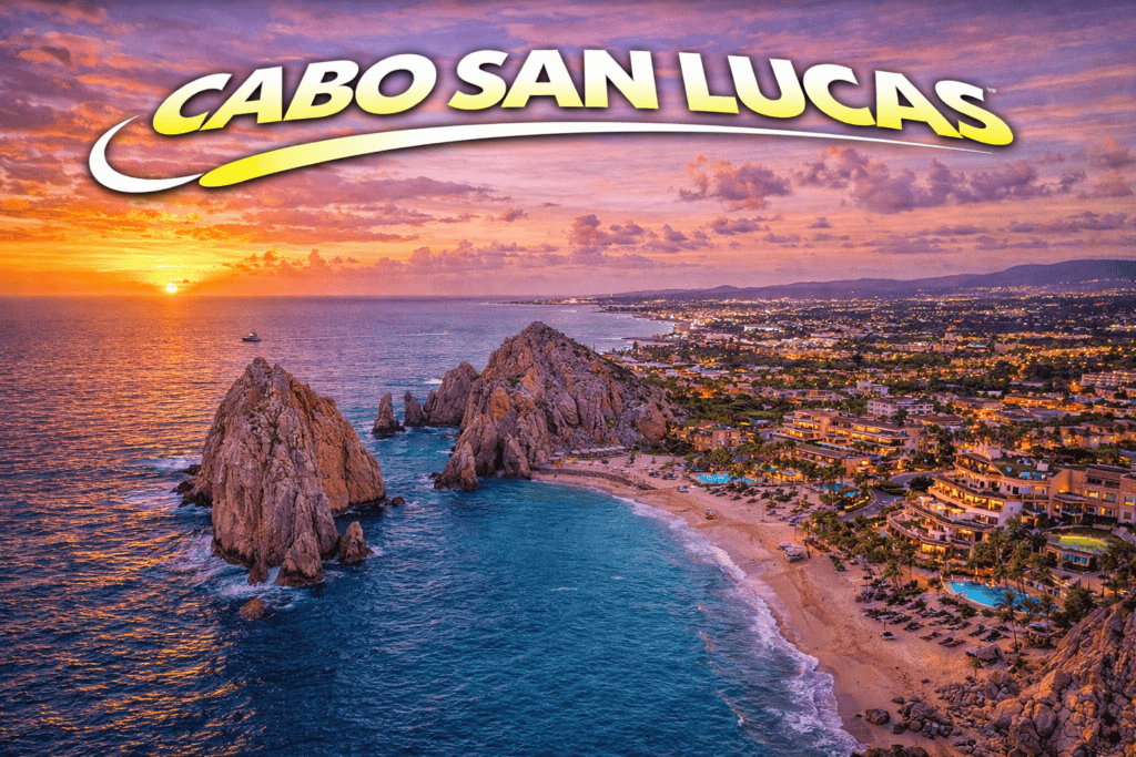 Cabo San Lucas coastline with rock formations at sunset and golden sky for cheap flights travel page