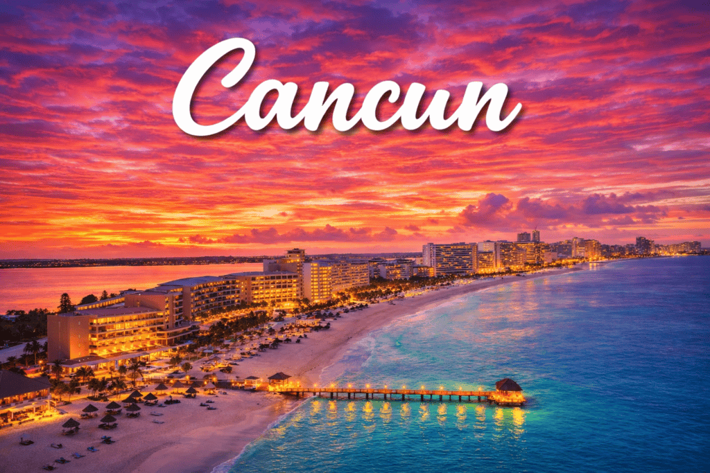 Cancun Mexico beach resort at sunset with turquoise water and palm trees