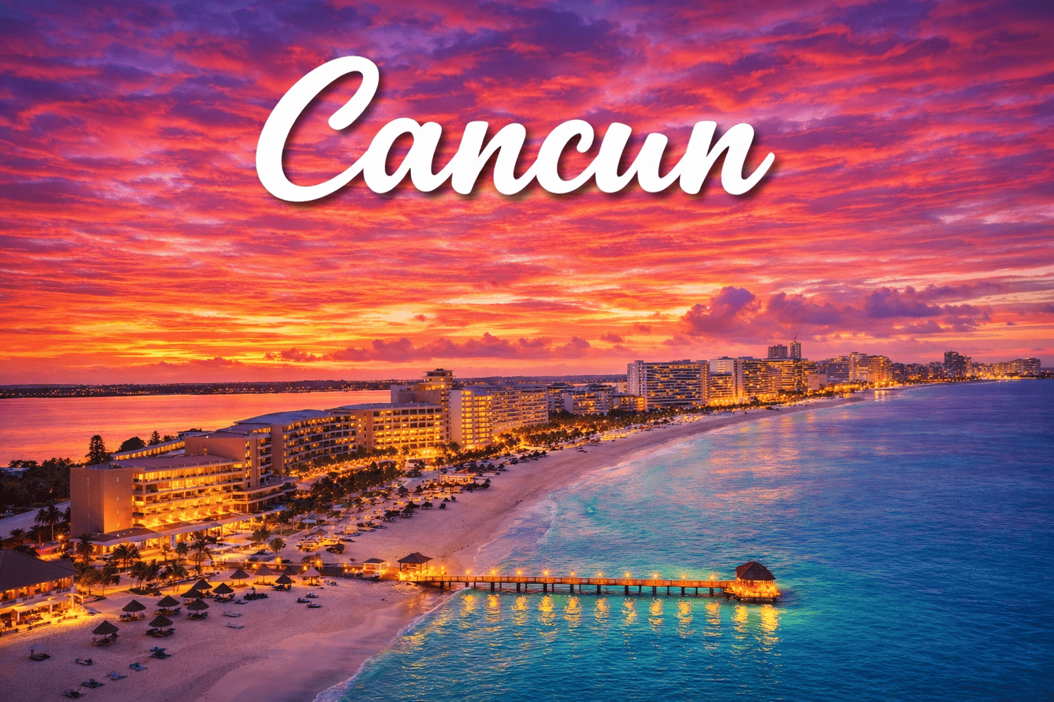 Cancun Mexico beach resort at sunset with turquoise water and palm trees