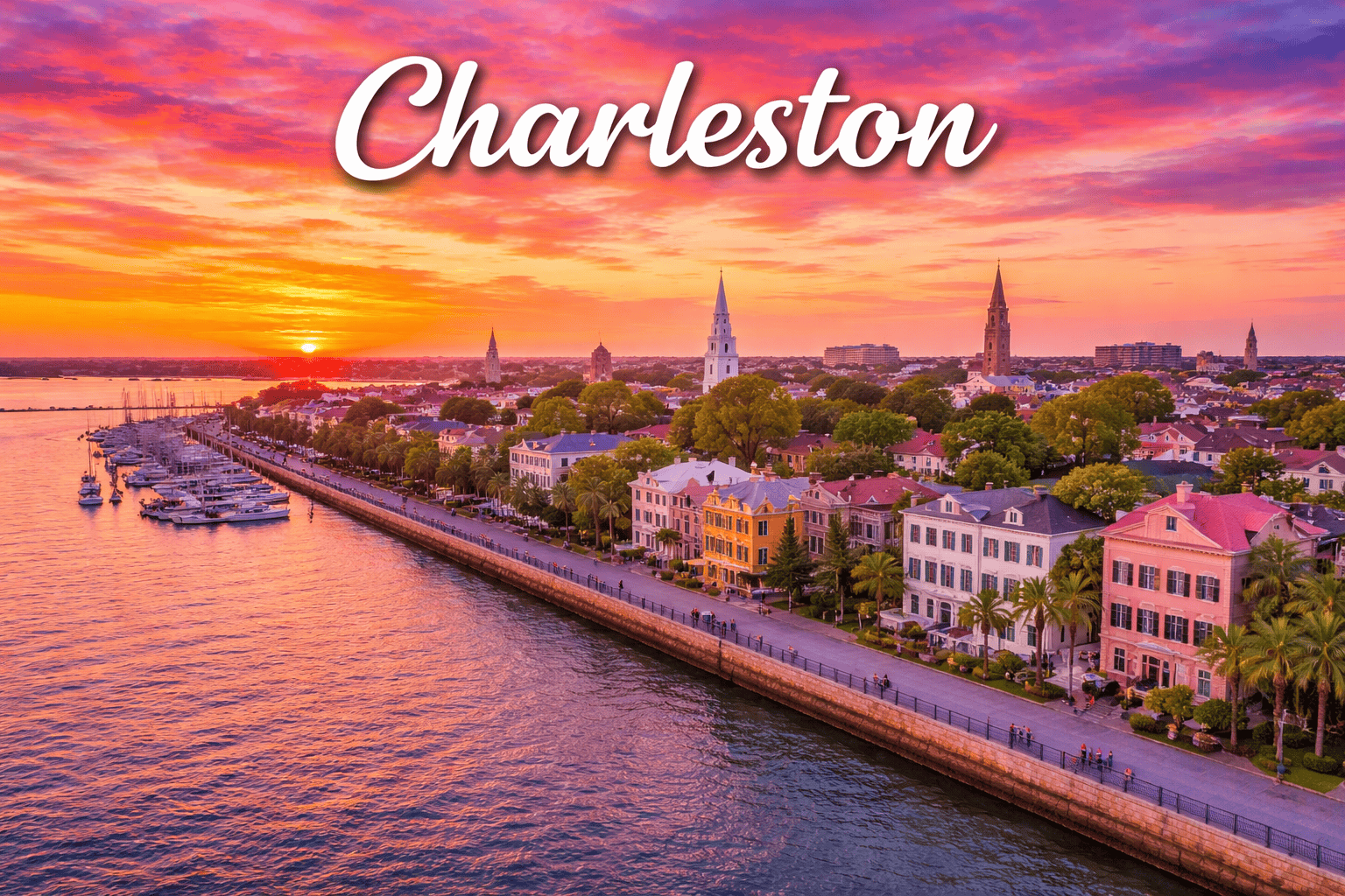 Charleston South Carolina historic waterfront homes and harbor at sunset