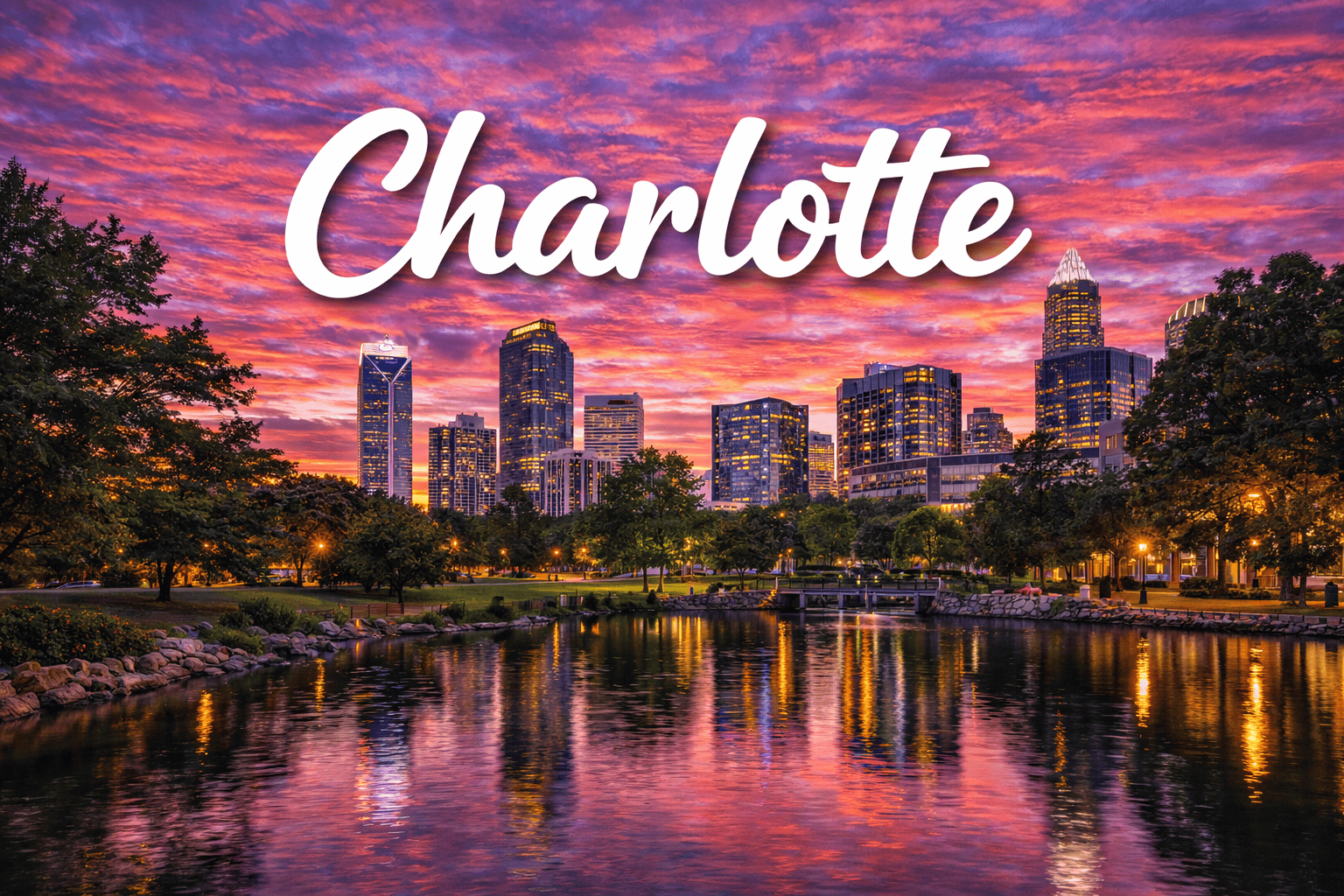 Charlotte North Carolina skyline at sunset destination banner for cheap flights to Charlotte
