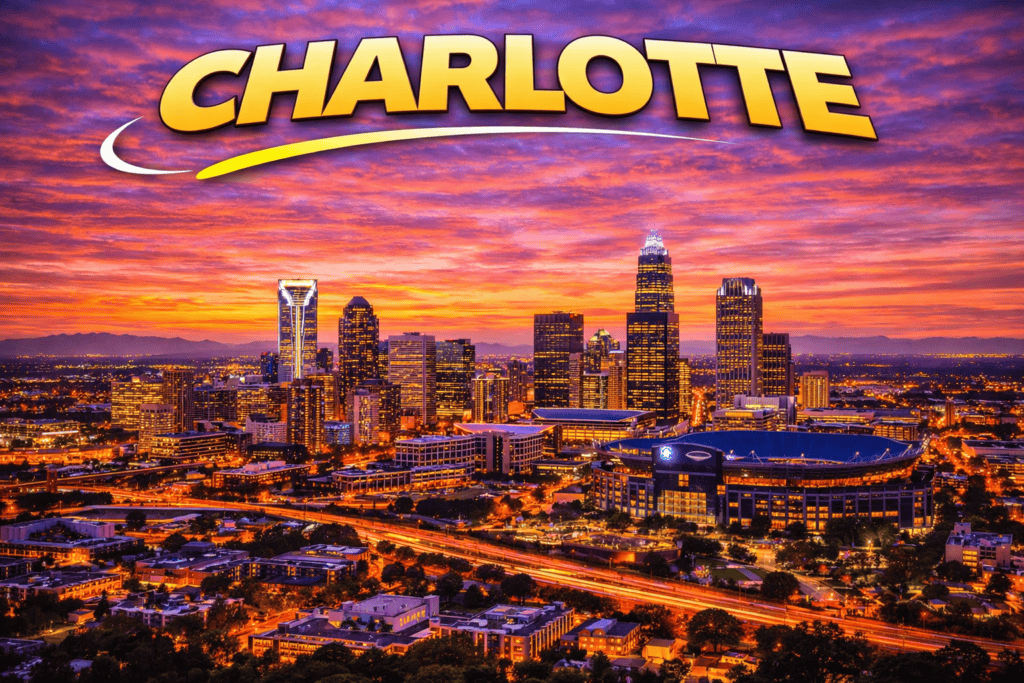 Skyline of Charlotte at sunset with golden sky and city lights for cheap flights travel page