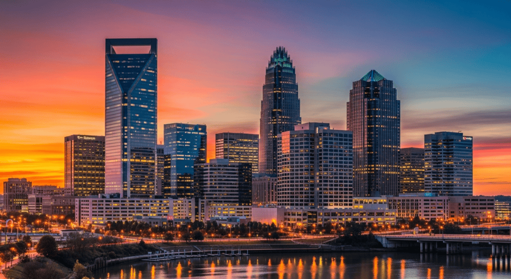 Charlotte North Carolina skyline travel photo for cheap flights guide