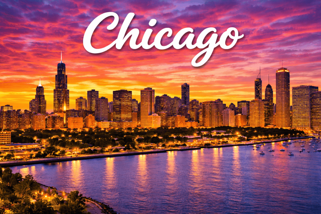 Chicago Illinois skyline along Lake Michigan at sunset destination banner for cheap flights to Chicago