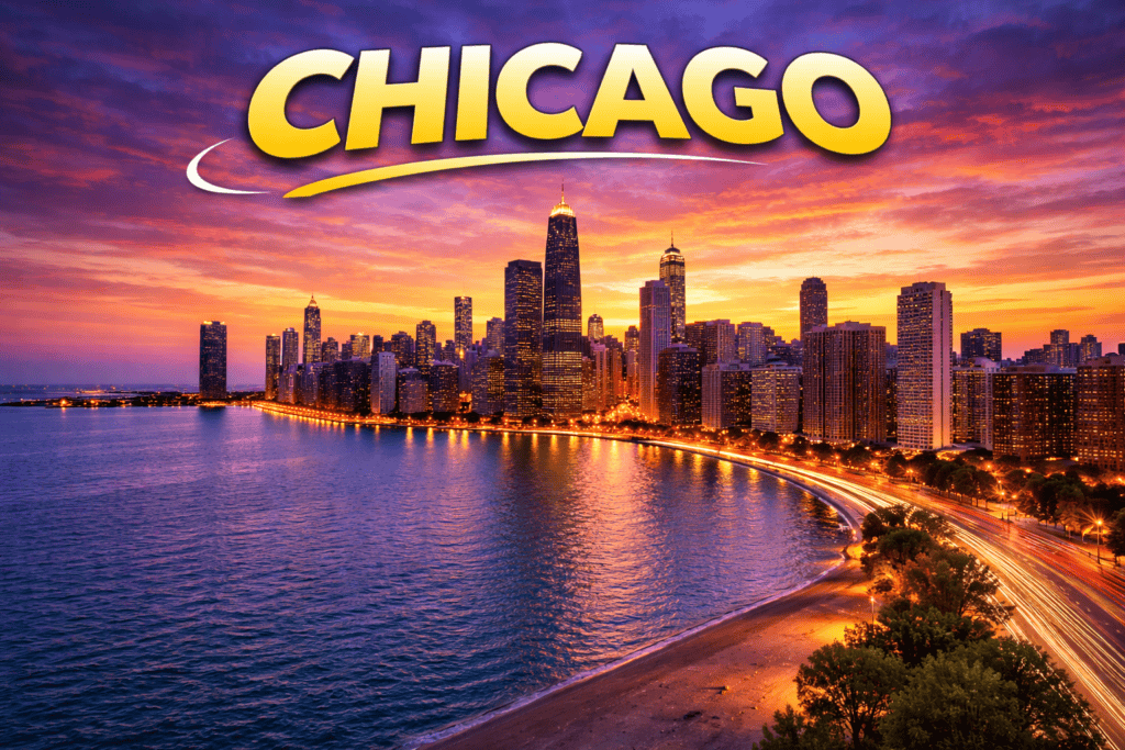 Skyline of Chicago at sunset with golden sky and lakefront views for cheap flights travel page
